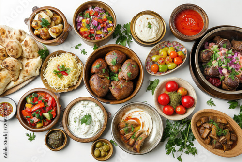 An array of Georgian dishes, each carefully presented and isolated on a clean white backdrop