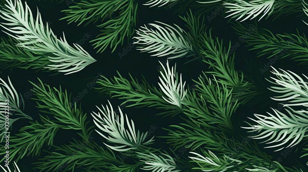 Abstraction of green needles. Cartoon style illustration with seamless pattern. Winter nature concept with snowy trees