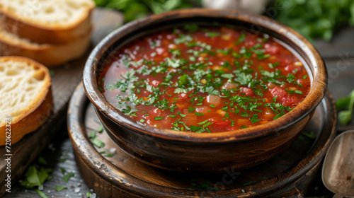 Ukrainian borscht in the plate with herbs