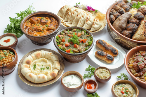 An array of Georgian dishes, each carefully presented and isolated on a clean white backdrop