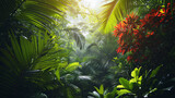 A tropical rainforest with vibrant flora and a rich canopy overhead.