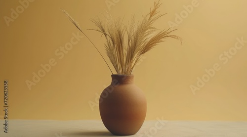 a brown vase with grass