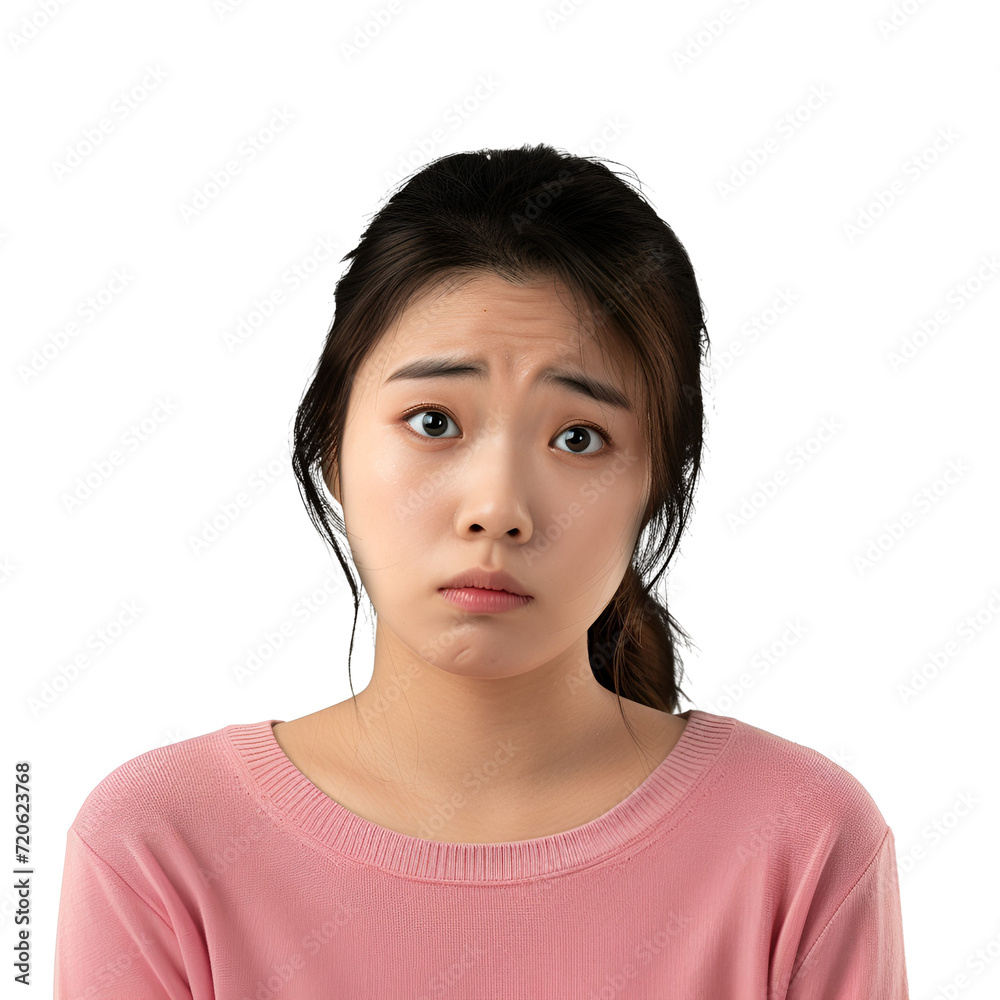 Photograph of a Young Asian Woman Looking Worried, Isolated on Transparent Background, PNG Photograph of a Young Asian Woman Looking Worried, Isolated on Transparent Background, PNG