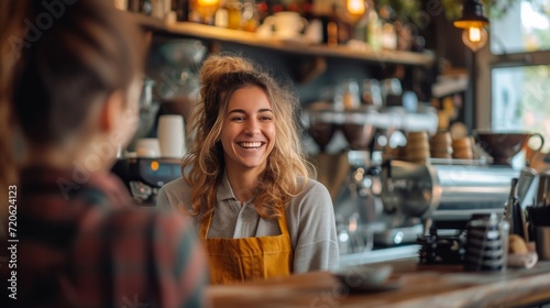 A cheerful barista engaging in conversation with a guest at the bar counter