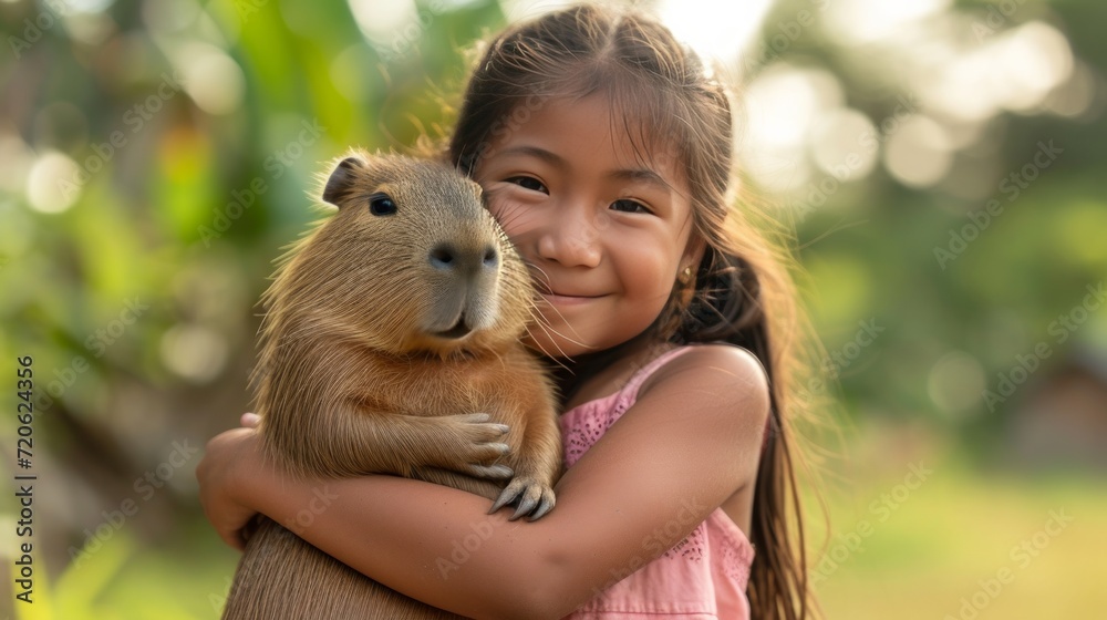 A little girl holds a capybara in a pink dress in her arms A little girl holds a capybara in a pink dress in her arms