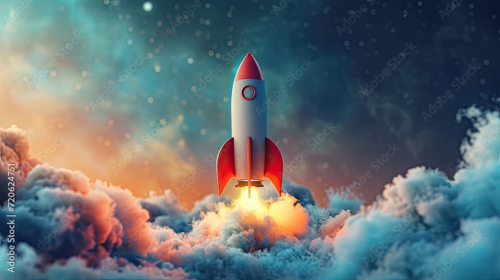 Rocket launching in an abstract environment with clouds and smoke with space for copy Rocket launching in an abstract environment with clouds and smoke with space for copy