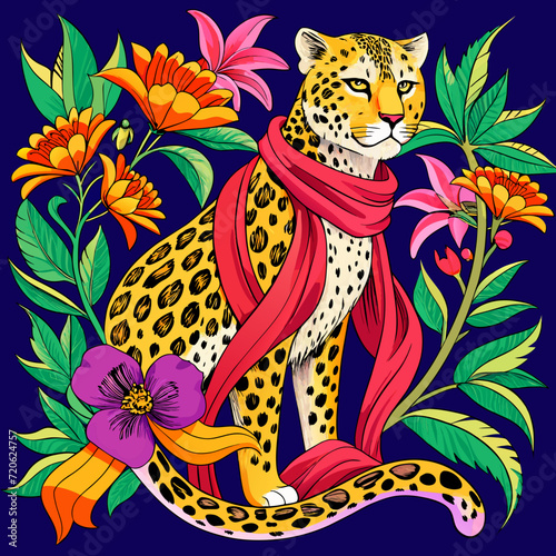 Chic Leopard Print: Scarf Decorated with Baroque Floral Motifs