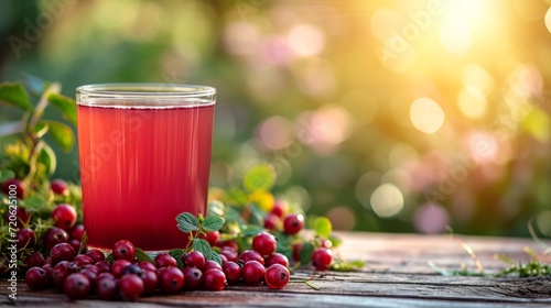 a glass of cowberry juice next to cowberries on a wooden table. blurred background of summer garden from behind