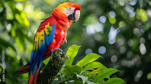 A vibrant parrot perched on a tropical tree its colorful feathers standing out against the green foliage.