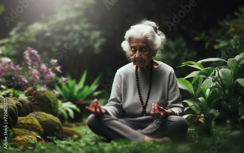 Old woman meditating in the garden Elderly meditation © nana