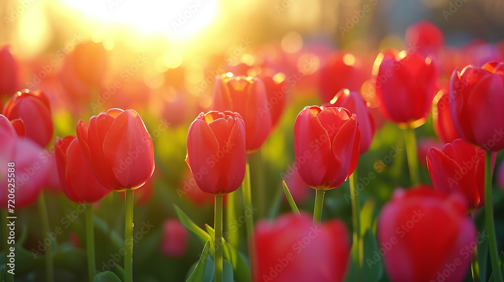 Red tulips blooming in a botanical garden at sunset.