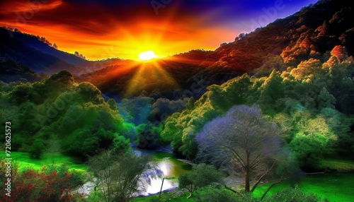 Stunning Sunset in Lush Forest with Radiant Colors