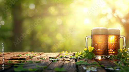 Two glasses of beer and shamrock leaves stand on a wooden table against natural background. St Patrick Day concept. Copy space.