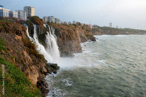 The Duden waterfall in Antalya. Turkey. Where the waters of the Lower D  den Waterfall fall directly into the Mediterranean from a rocky cliff.
