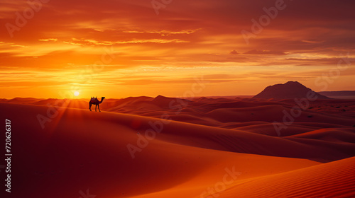 A vibrant sunset over the Sahara Desert with golden sand dunes and a solitary camel silhouette.