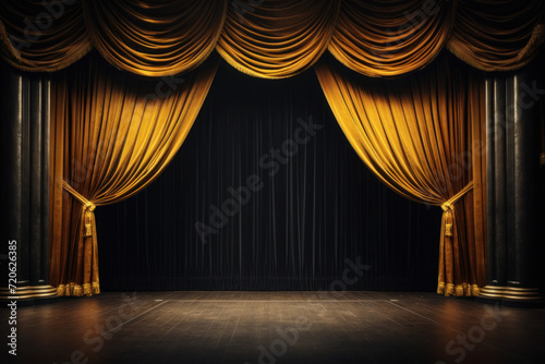 Empty theatre stage with yellow curtain. Stage background with copy space
