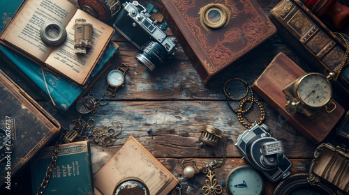 A vintage collectors flat lay with antique trinkets old books a classic camera and vintage jewelry displayed on a textured aged wood surface.