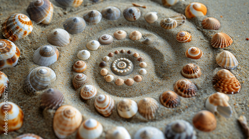 A whimsical arrangement of seashells forming a spiral pattern on a sandy surface symbolizing the Fibonacci sequence found in nature.