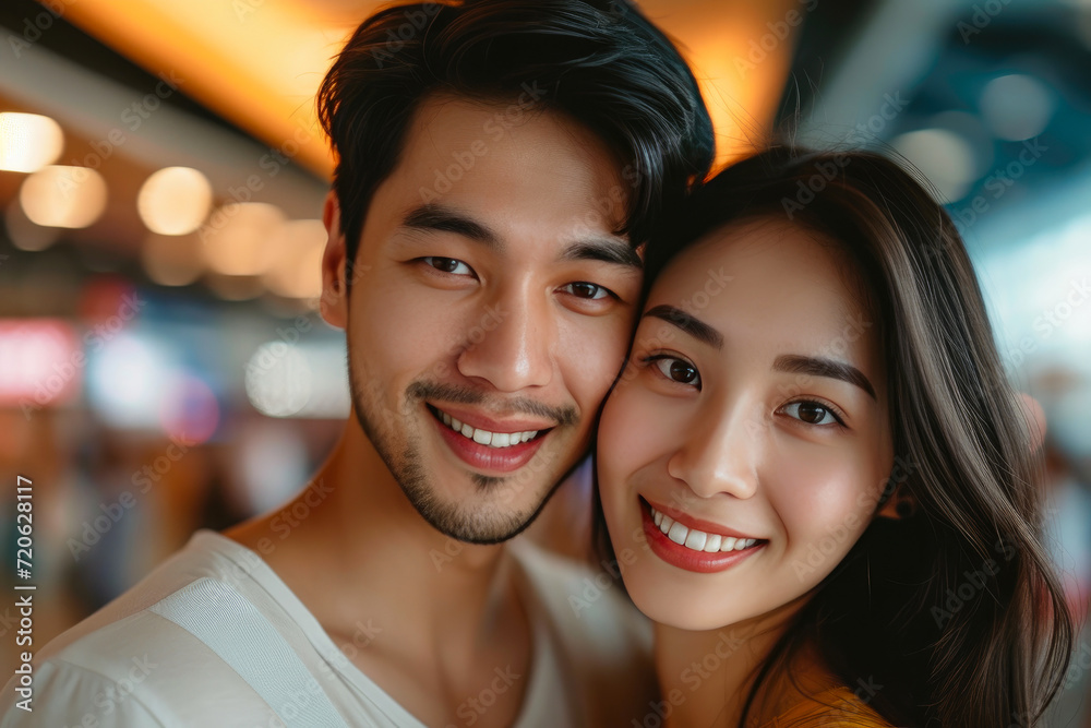 Smiling Asian Pair Embarks on Adventure at the Airport Smiling Asian Pair Embarks on Adventure at the Airport