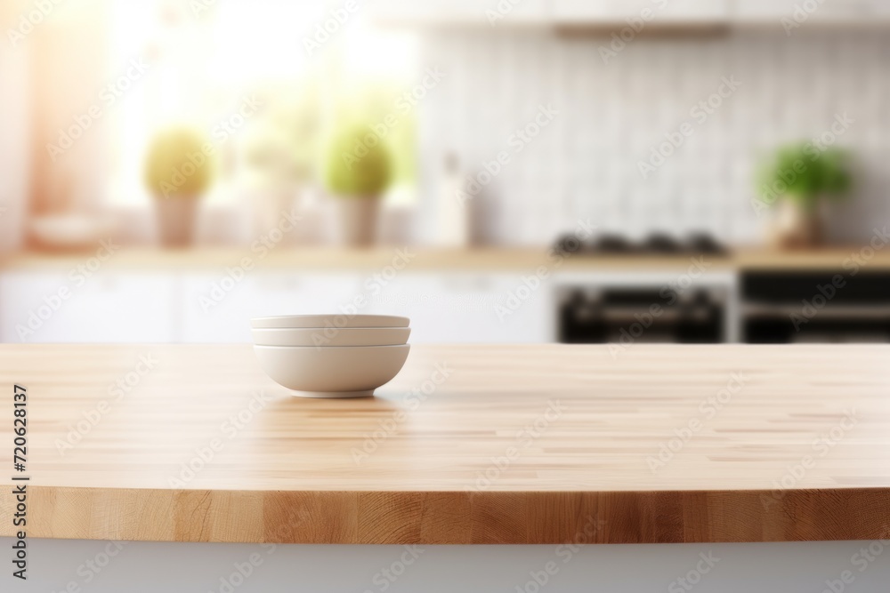 an empty table, a light background, a tabletop for the display of your product. blurred kitchen background. an empty table, a light background, a tabletop for the display of your product. blurred kitchen background.
