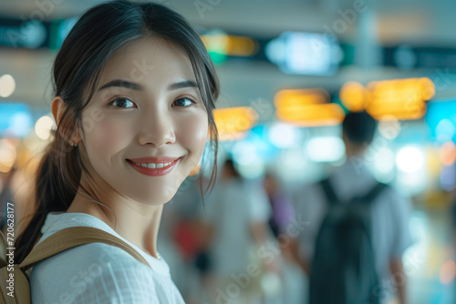 Airport Bliss: Asian Woman Radiating Positivity