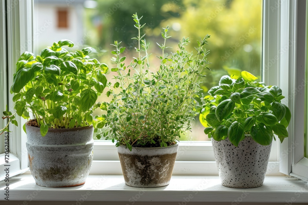 Fresh green herbs, basil, rosemary and coriander in pots placed on a window frame. Fresh green herbs, basil, rosemary and coriander in pots placed on a window frame.