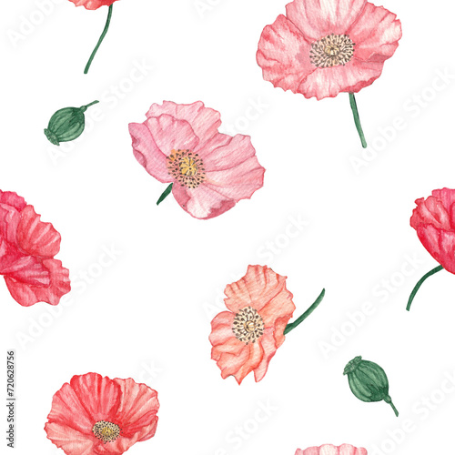 Watercolor Poppies Seamless Pattern. Papaver rhoeas background  floral backdrop for greeting cards  invitations  fabric  and wrapping paper. Floral design element and clipart