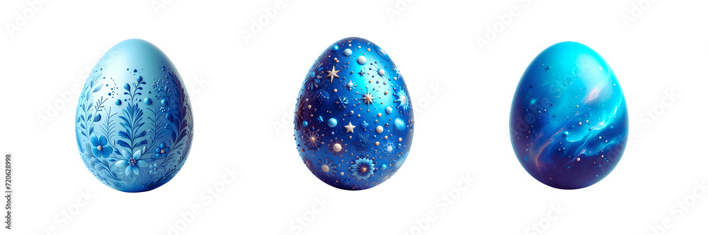 Collection Set of Blue Easter Egg, isolated over on transparent white background