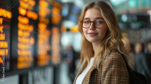 A Content Businesswoman Poses Confidently in Front of a Train Station Information Board
