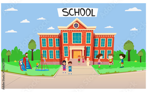 Children are playing games during break time at the school. Flat vector illustration.