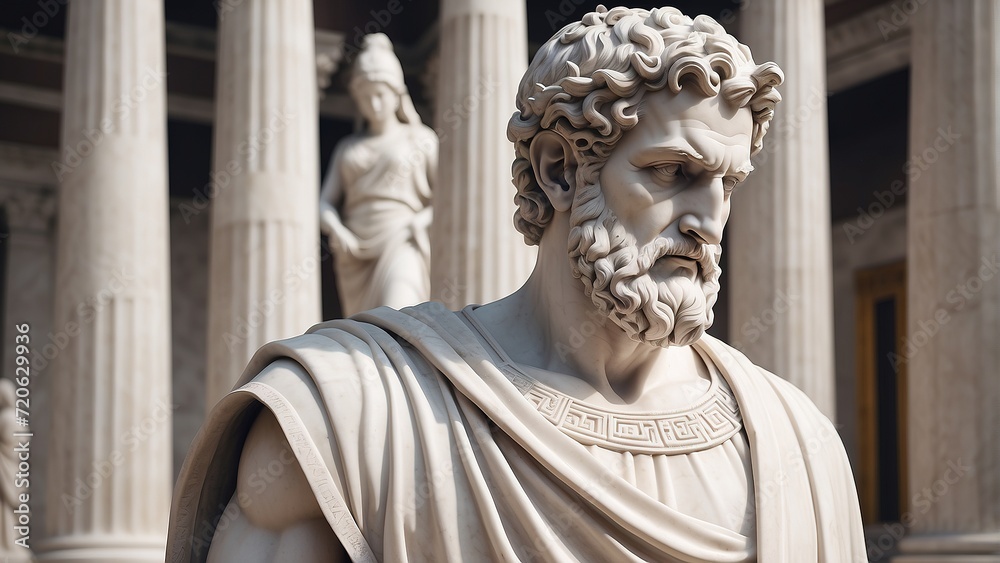 Photorealistic stoic greek marble statue in temple, Stoics and stoicism motivational and inspirational quotes