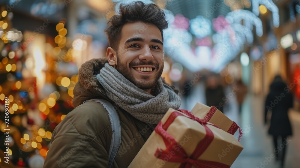 A Handsome Man Delights in Shopping for Gifts at the Mall