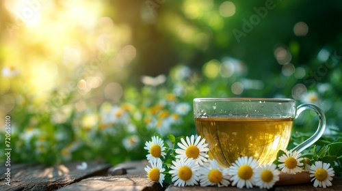 a cup of green tea next to chamomile flower on a wooden table. blurred background of summer garden from behind photo