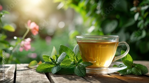 a cup of green tea next to mint leaves on a wooden table. blurred background of summer garden from behind