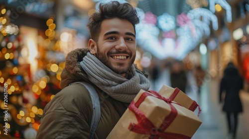 A Handsome Man Delights in Shopping for Gifts at the Mall