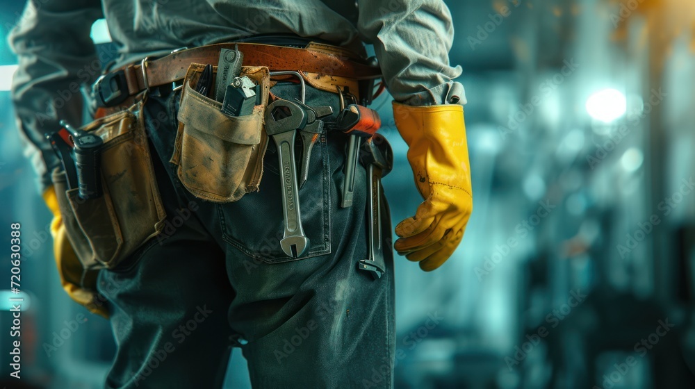 Close-up of Maintenance worker with bag and tools kit wearing on waist. selective focus, text space. Close-up of Maintenance worker with bag and tools kit wearing on waist. selective focus, text space.