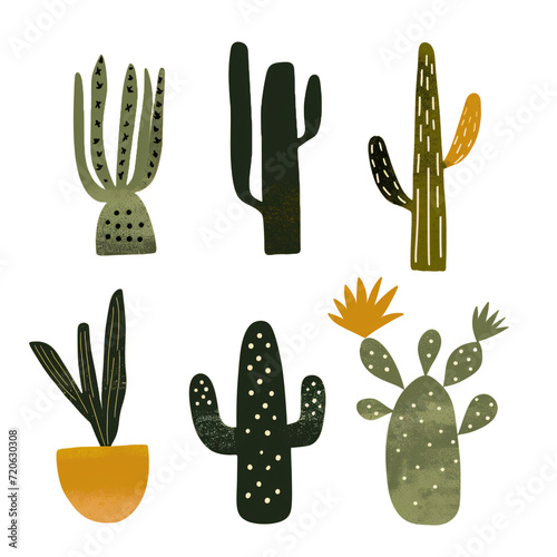 Clipart set of 6 simple abstract cactus in the style of minimalist. Neutral green and mustard colors.. Isolated cutouts.