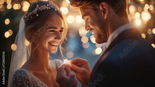 A man in a suit gives a ring with a large diamond to a beautiful girl in an evening dress