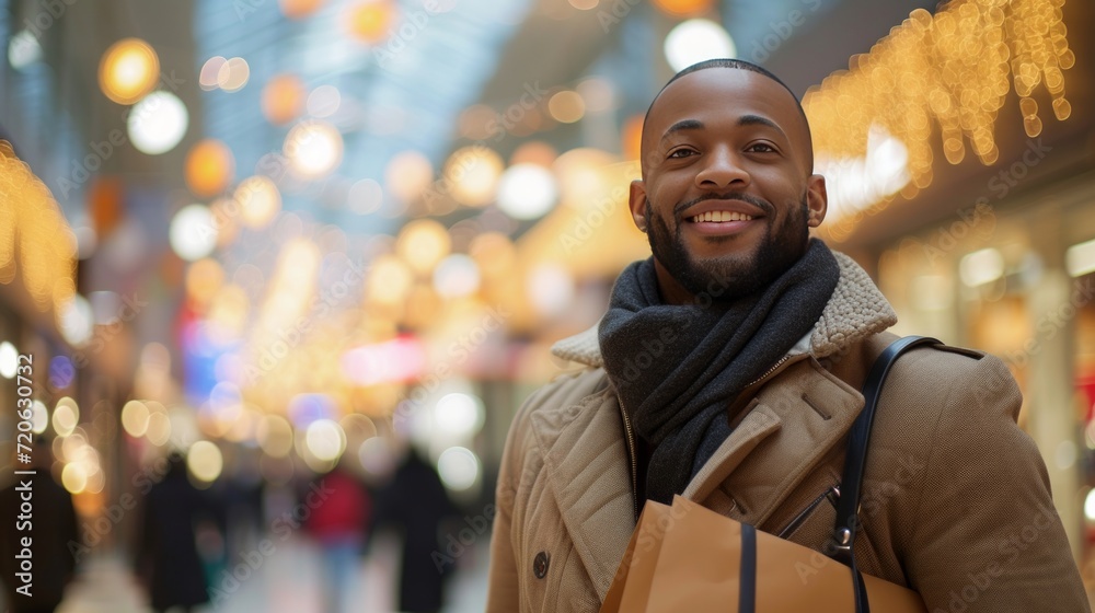Fototapeta premium A Business Man Delights in Shopping for Gifts at the Mall