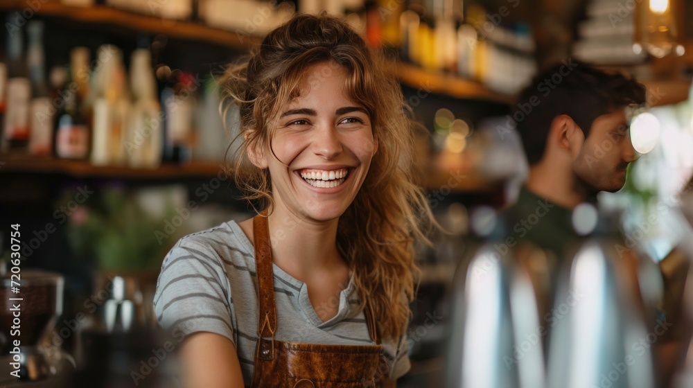 A cheerful barista engaging in conversation with a guest at the bar counter