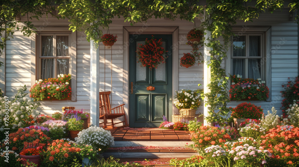  A charming cottage-style front porch with a porch swing, hanging flower baskets, and a welcoming front door adorned with a colorful wreath, inviting guests to relax and enjoy the peaceful surrounding