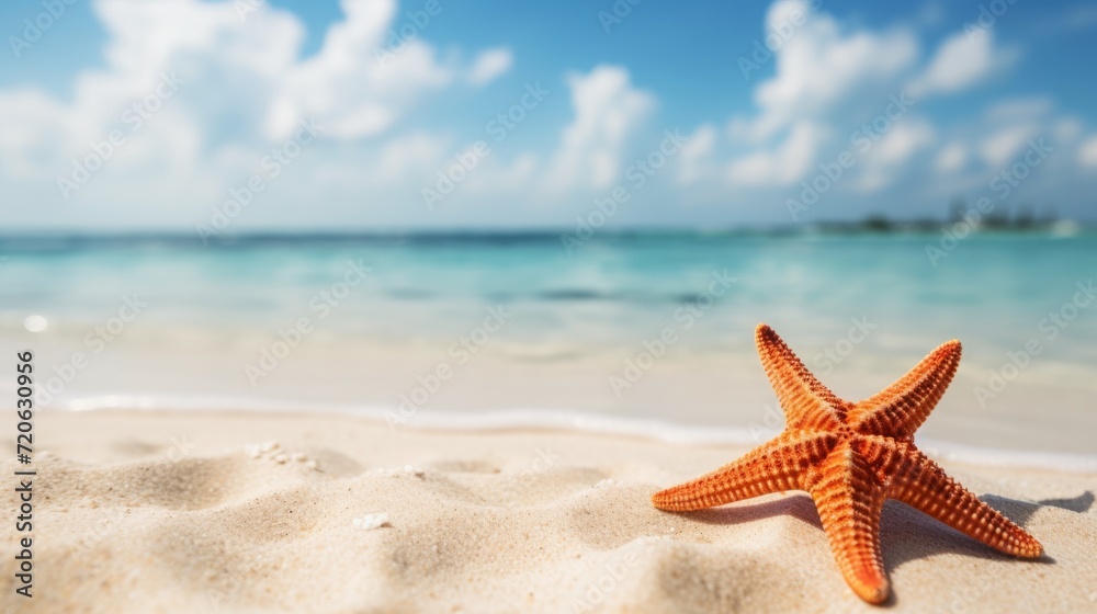 starfish on the beach on a tropical island with the ocean view, blue skies, serene oceanic vistas, resorts in the background