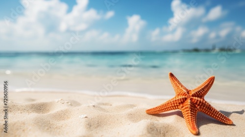 starfish on the beach on a tropical island with the ocean view  blue skies  serene oceanic vistas  resorts in the background