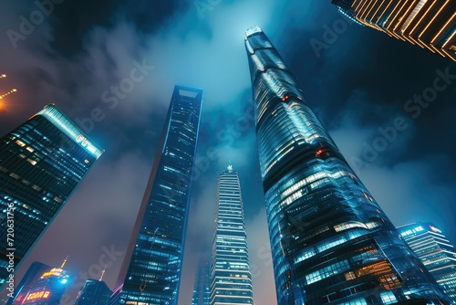Low angle view of shanghai landmark buildings at night 