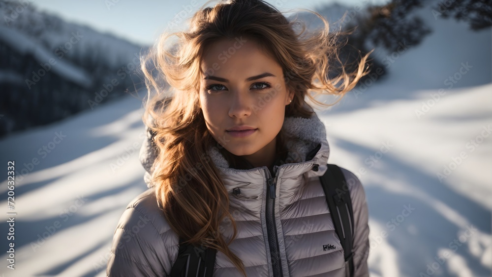 Winter portrait of a young beautiful girl against a background of trees and snow. Generative AI Winter portrait of a young beautiful girl against a background of trees and snow. Generative AI