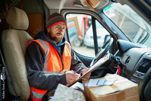 Portrait of a male delivery driver at work. He is sitting in his van looking at a clipboard with documents 