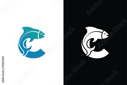 Initial Letter C Fish Logo Design Vector Icon Graphic Emblem Illustration. Word mark logo icon formed fish symbol in letter C in White background.