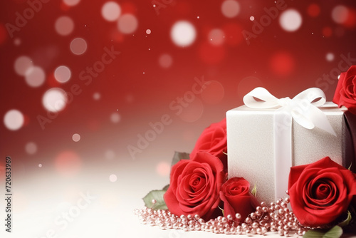 Gift box with rose on Holiday February background for Valentines Day with bokeh.