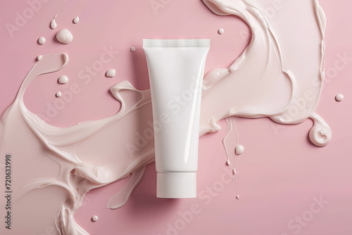 A white cream tube in a commercial photo designed for advertising project, featuring a fashionable composition with additional elements © GoodandEvil
