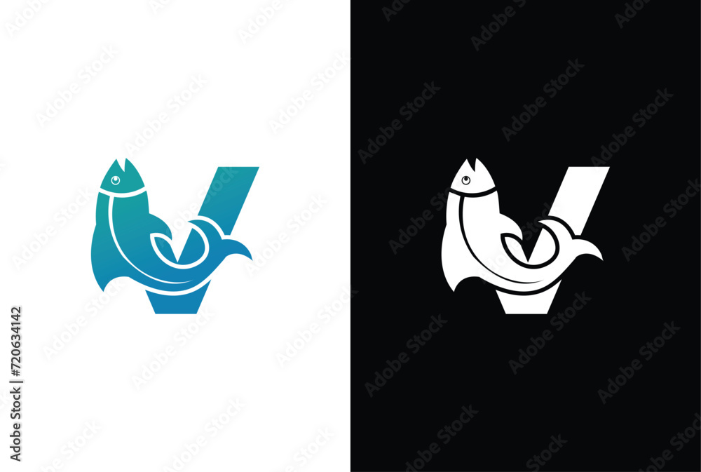 Initial Letter V Fish Logo Design Vector Icon Graphic Emblem Illustration. Word mark logo icon formed fish symbol in letter V in White background. - obrazy, fototapety, plakaty 